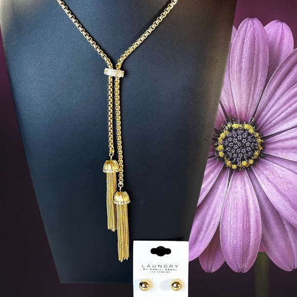 Laundry by Shelli Segal Gold Tassel Lariat Necklace and Earrings Matching Set - Picture 3 of 6